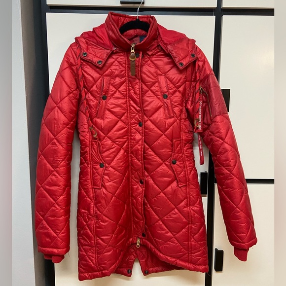 Women's Nylon Jacket - Knee Length - Cherry Red - Slim Fit - US L - Picture 2 of 5